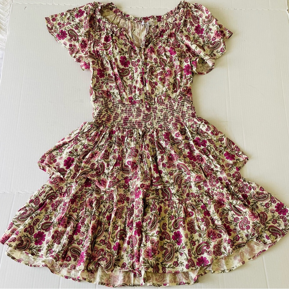 Patrons of Peace Anthropologie Floral Pink Cream Mini Dress Boho tiered ruffle - Picture 3 of 12